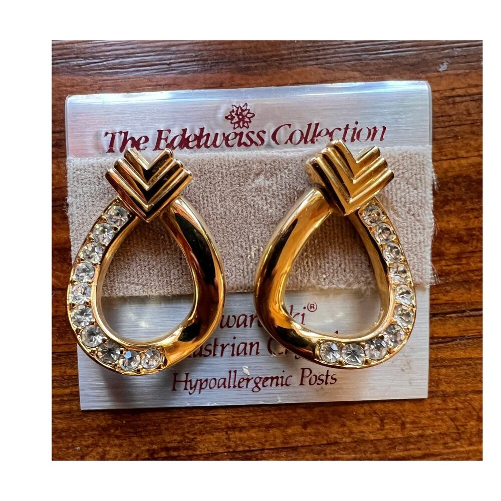 Vintage Edelweiss Swarovski gold tone earring door knockers NOS Austrian crystal